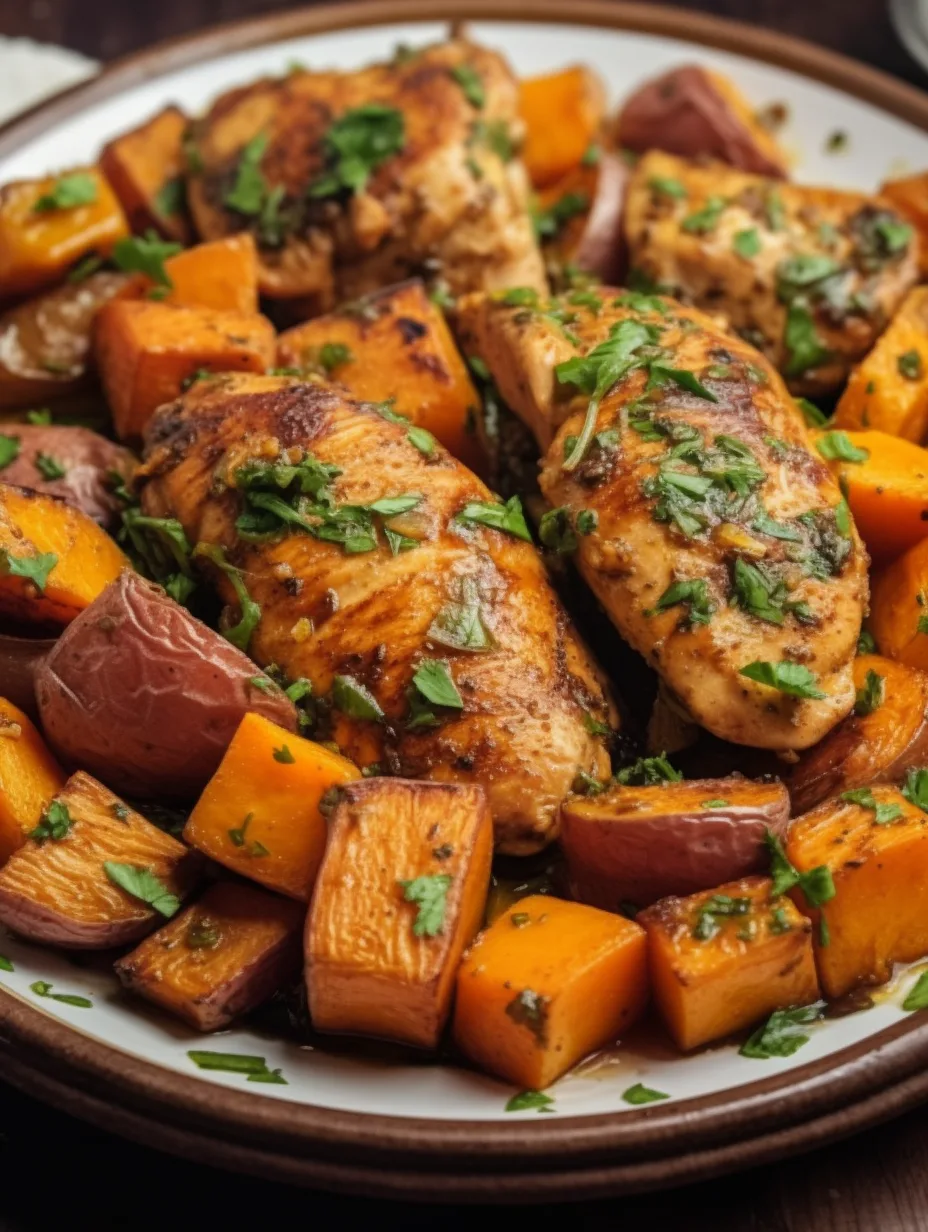 One-Pan Baked Chicken with Sweet Potatoes and Garlic