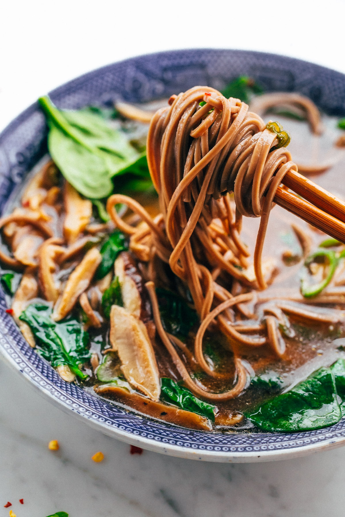 Sautéed Shiitake and Spinach Noodles with Miso-Ginger Sauce