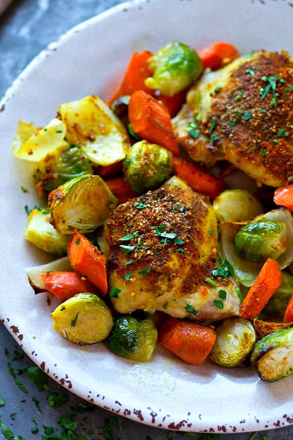 Pan-Seared Chicken Thighs with Roasted Brussels Sprouts and Carrot Ribbons