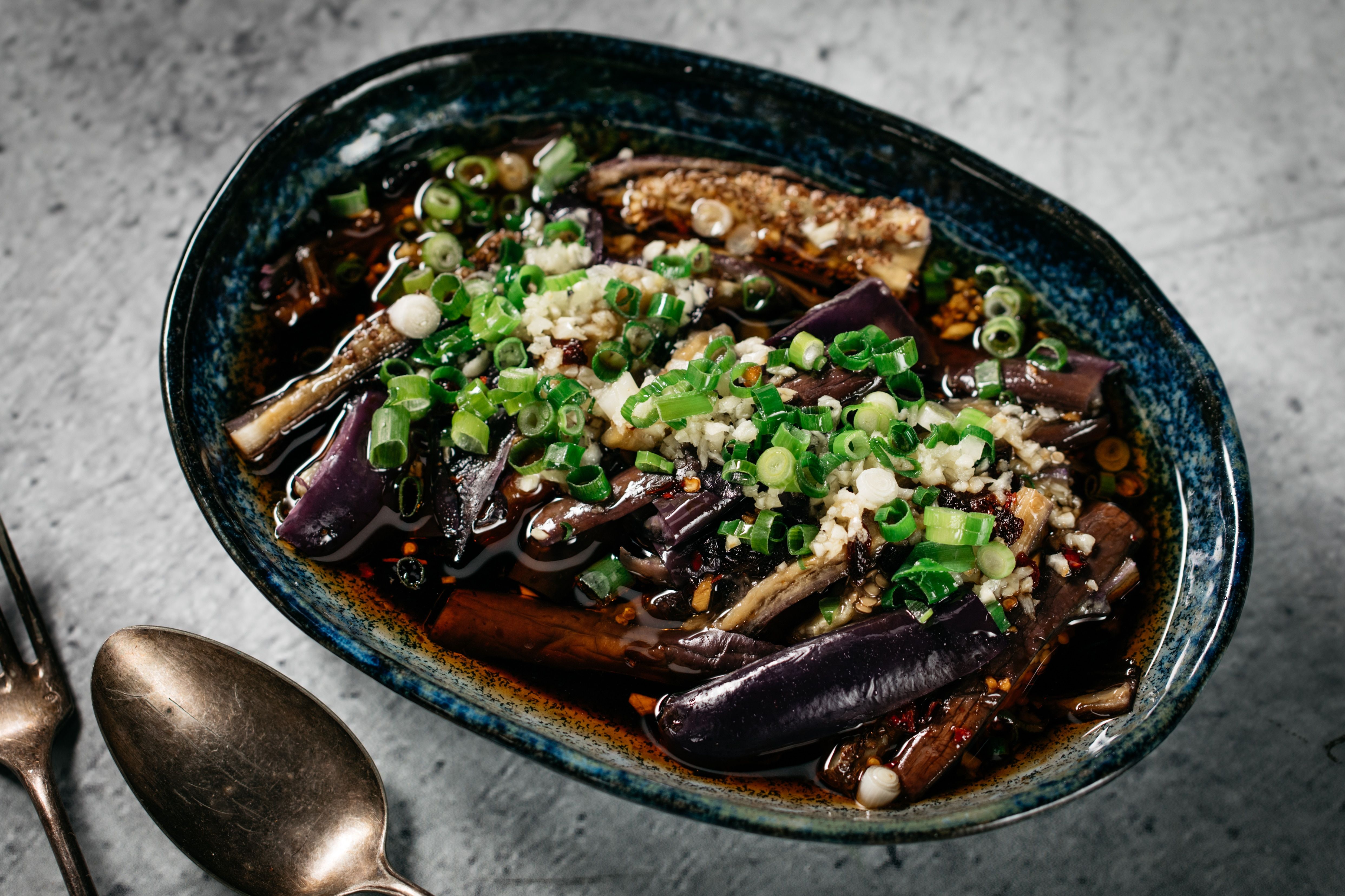 Eggplant and Spinach Stir-Fry with Garlic and Sesame