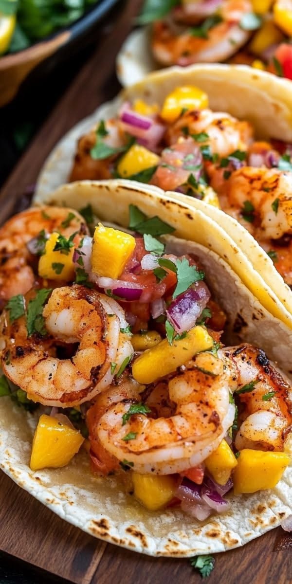 Sautéed Shrimp Tacos with Fresh Mango Salsa and Lime Crema