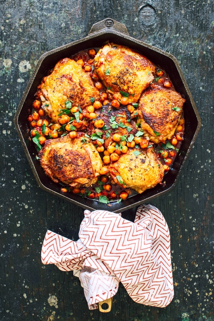 Pan-Seared Chicken Thighs with Spicy Harissa and Chickpea Stew