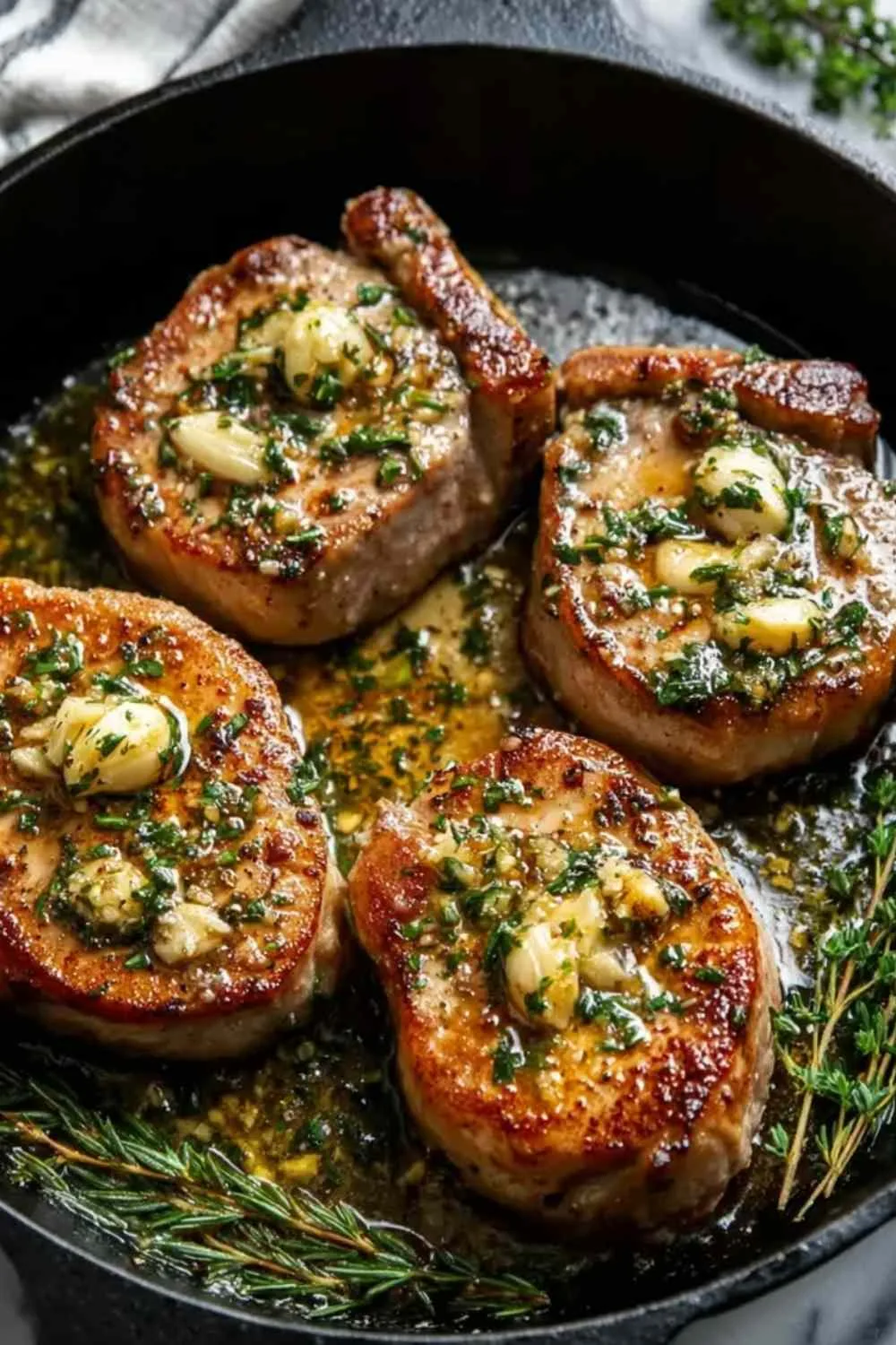 Low Flame Seared Pork Chops with Garlic and Thyme Butter