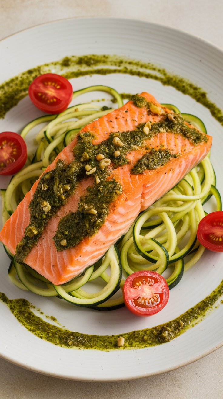 Pan-Seared Salmon with Lemon Basil Pesto and Zucchini Noodles
