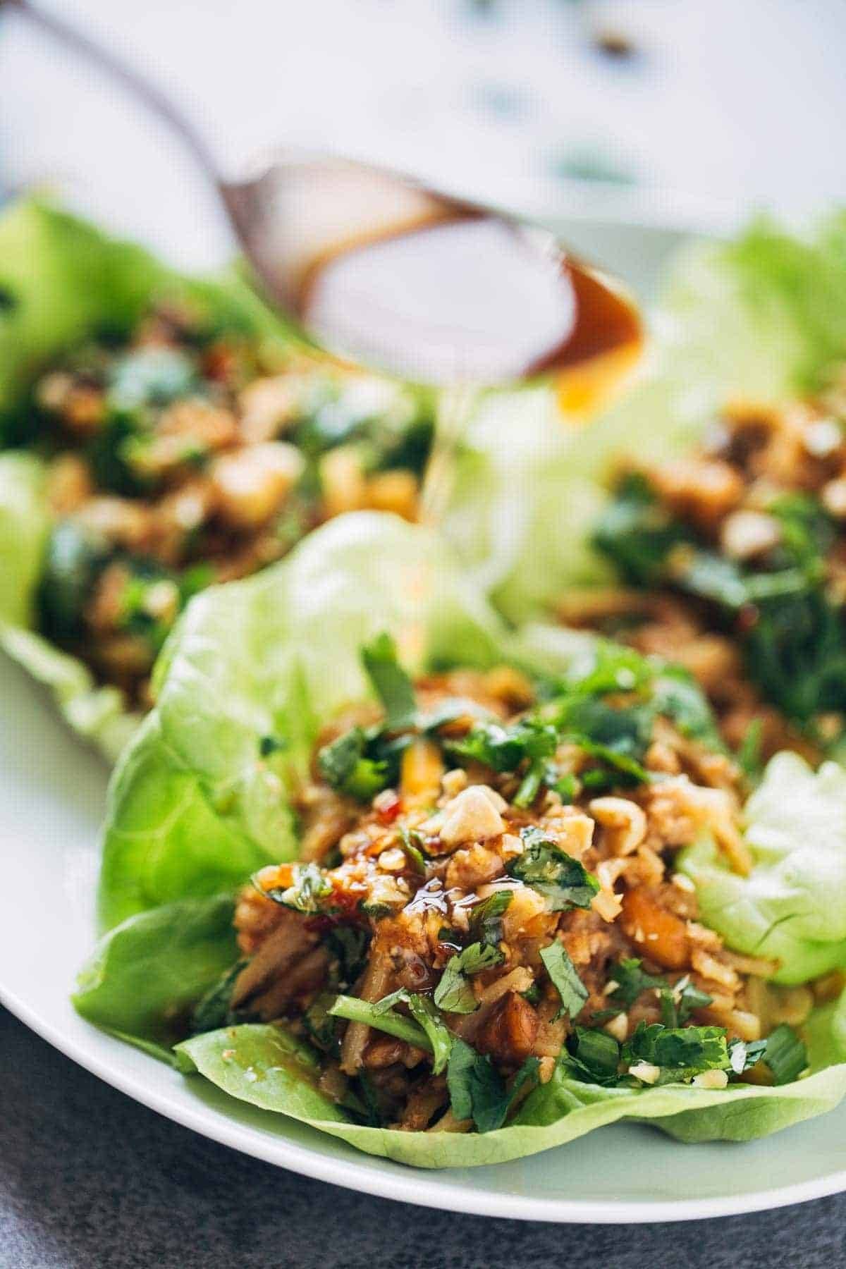 Spicy Chicken Lettuce Wraps with Peanut Sauce
