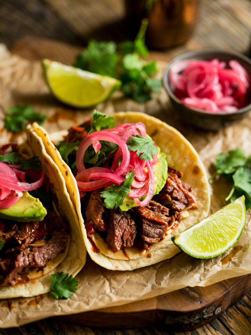 Smoked Chipotle Beef Tacos with Pickled Red Onion and Avocado