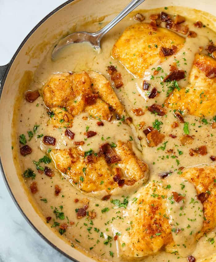 Skillet Smothered Chicken Breasts with Bacon and Swiss
