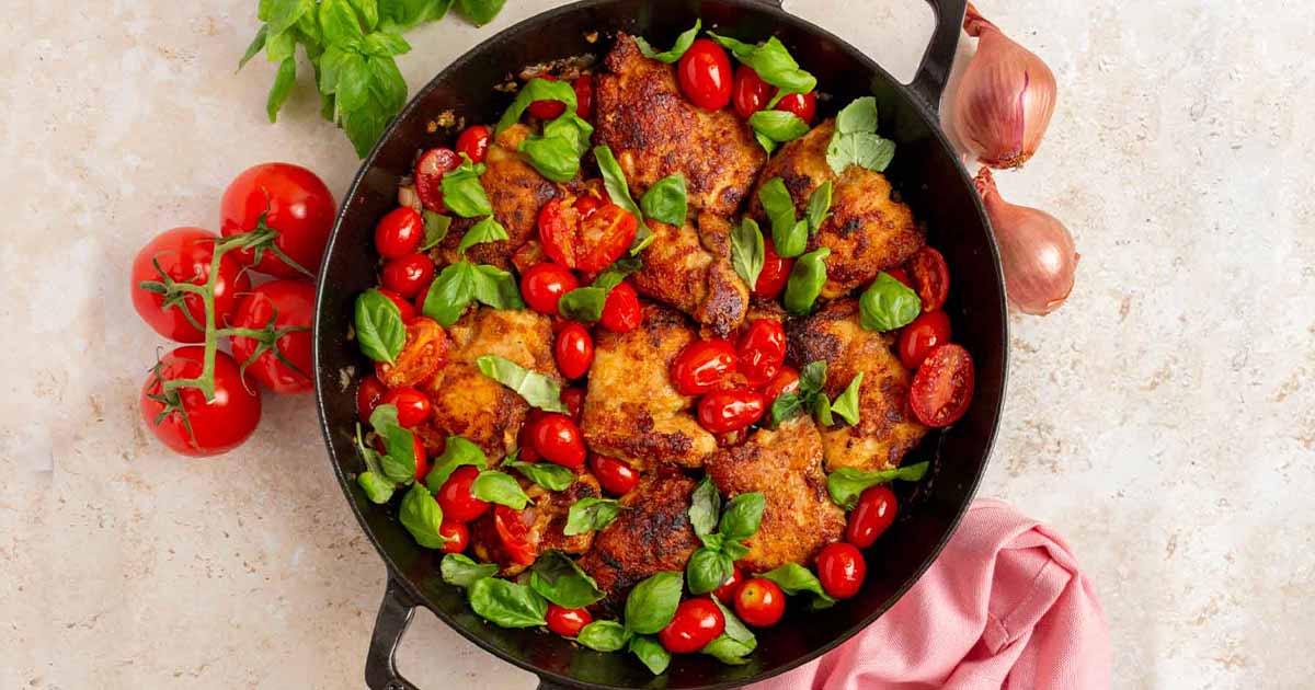 Pan-Seared Chicken Thighs with Tomato and Basil Ragout