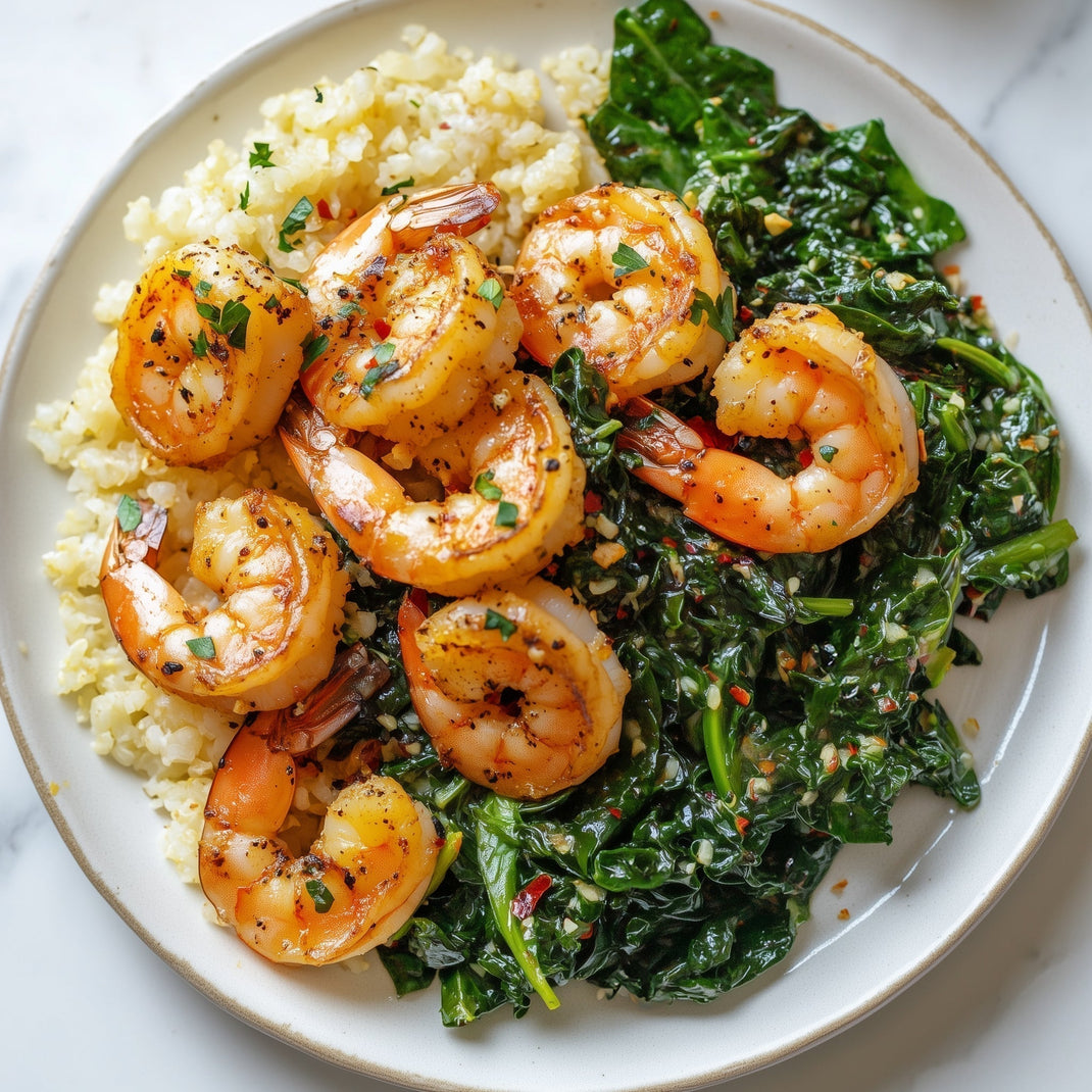 Sautéed Shrimp with Garlic Spinach and Cauliflower Rice