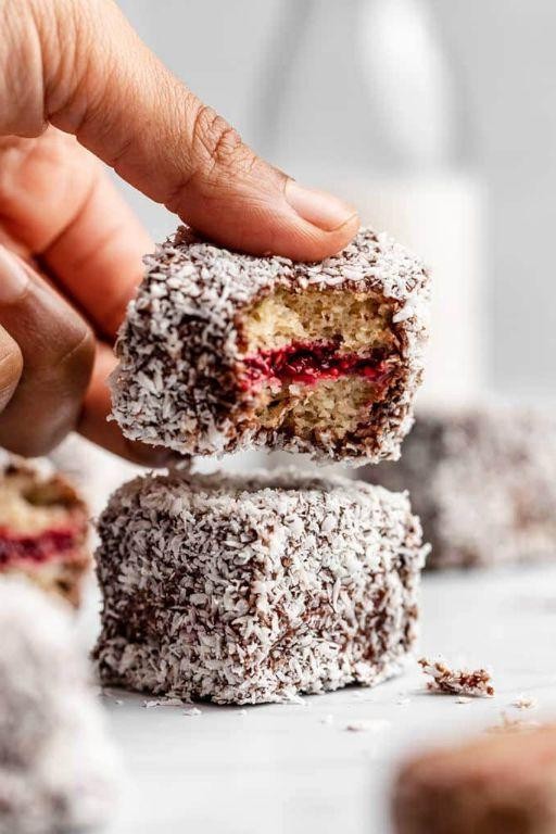 Lamingtons with Toasted Coconut and Raspberry Jam Filling