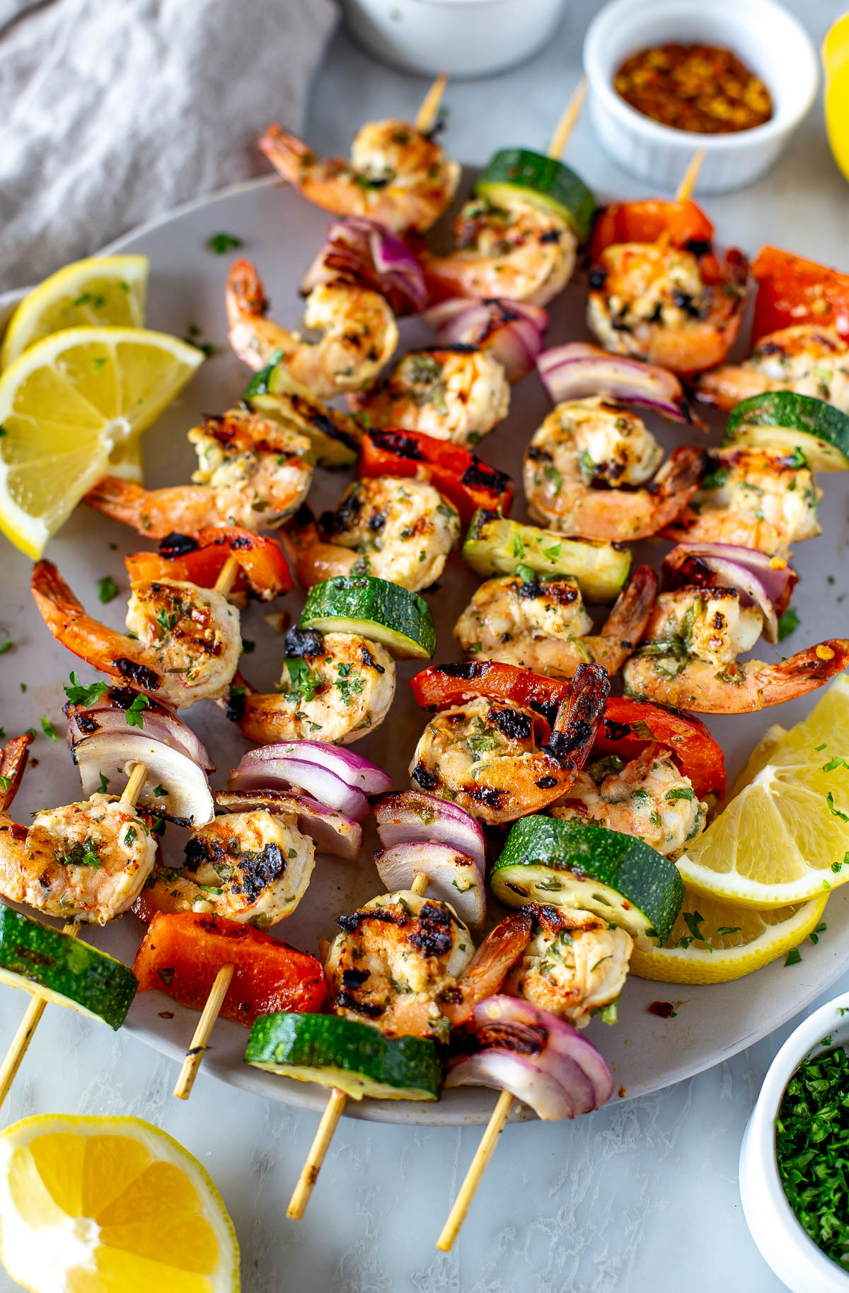 Seared Citrus-Marinated Shrimp Skewers with Summer Herb Sauce
