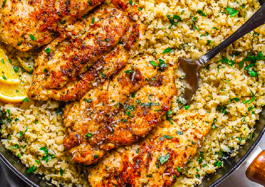 Sautéed Cauliflower Rice with Ginger and Sesame Chicken Strips