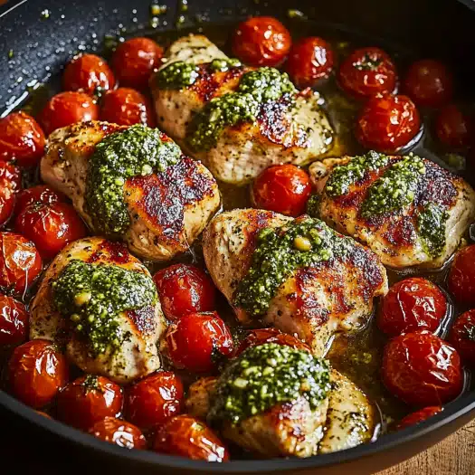 Pan-Seared Chicken with Basil Pesto and Cherry Tomatoes