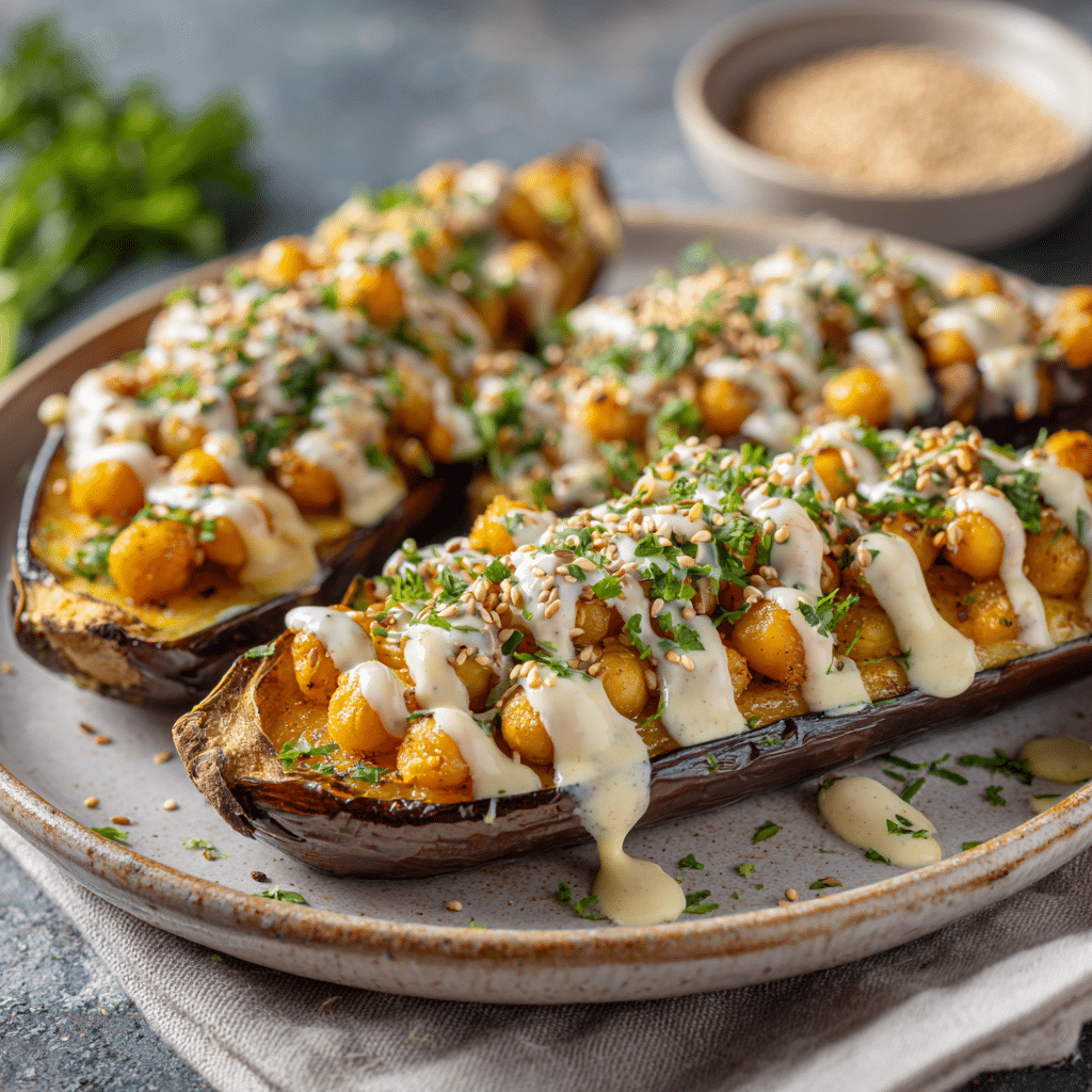 Miso-Glazed Eggplant Donburi with Roasted Chickpeas