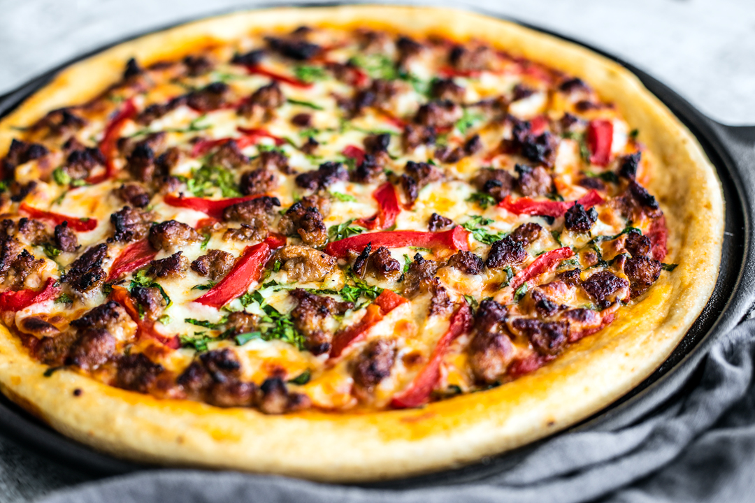 Deep-Dish Pizza with Italian Sausage and Roasted Red Peppers