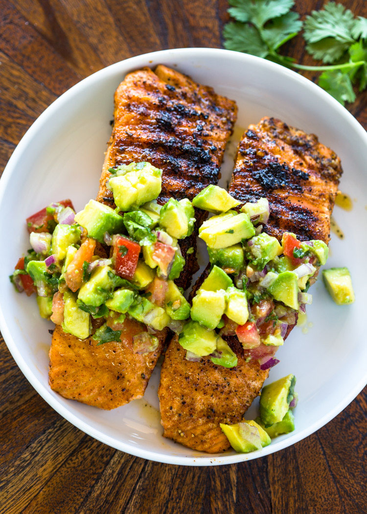 Garlic-Lime Grilled Salmon with Avocado Cucumber Salsa