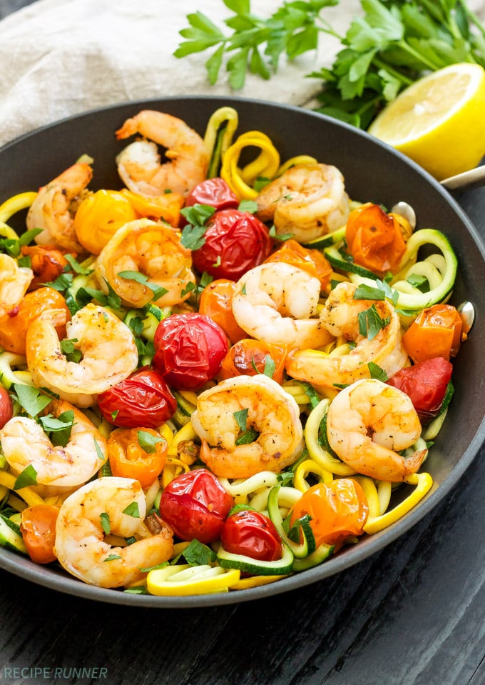 Sautéed Shrimp with Zucchini Noodles and Roasted Cherry Tomatoes