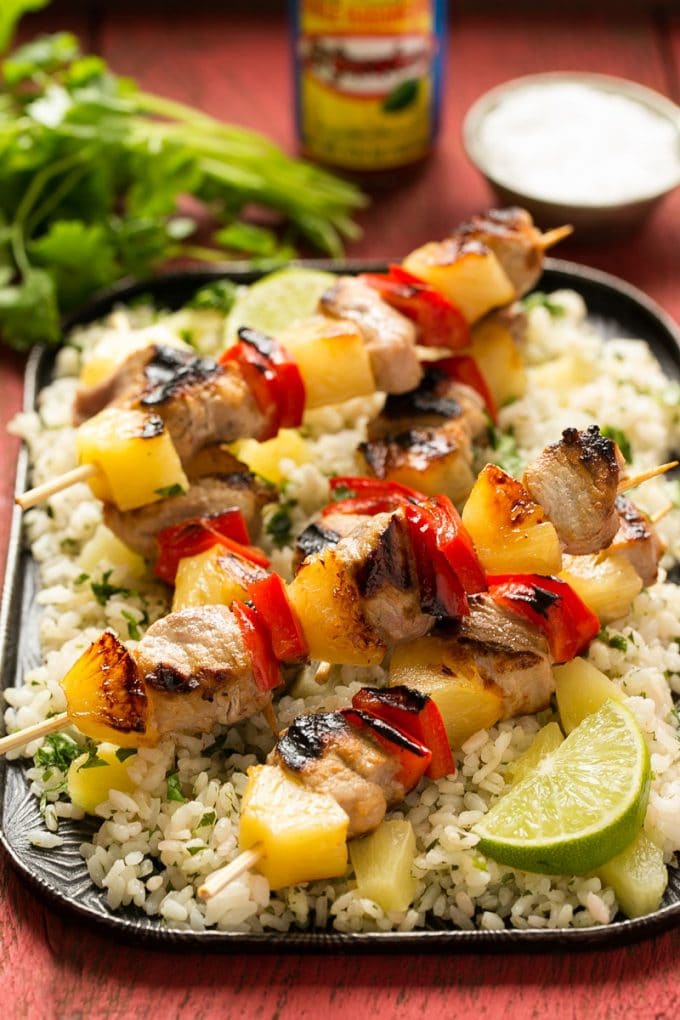 Grilled Pineapple and Jerk-Spiced Pork Skewers with Cilantro-Lime Rice
