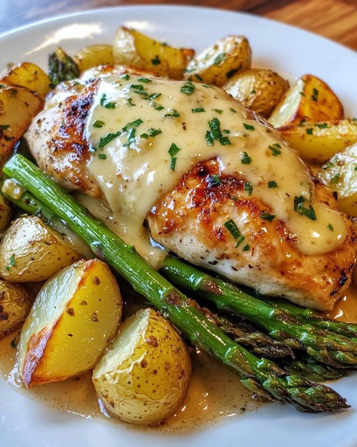 Lemon-Dill Chicken with Roasted Asparagus and Garlic Herb Potatoes