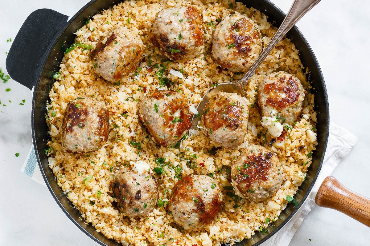 Baked Spiced Turkey Meatballs with Roasted Cauliflower Rice