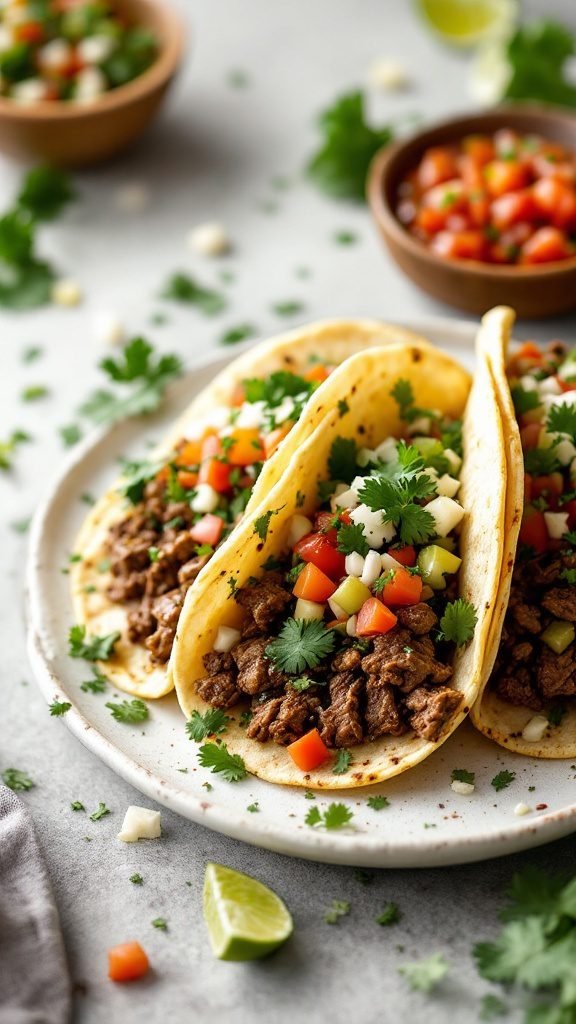 Cilantro-Lime Beef Tacos with Pickled Red Onions and Avocado Crema