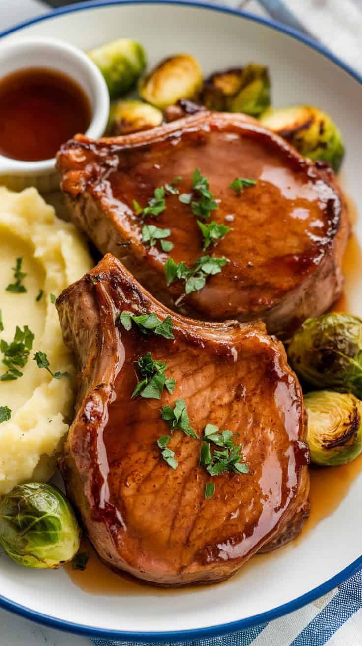 Whiskey-Glazed Grilled Pork Chops with Roasted Garlic Mashed Potatoes