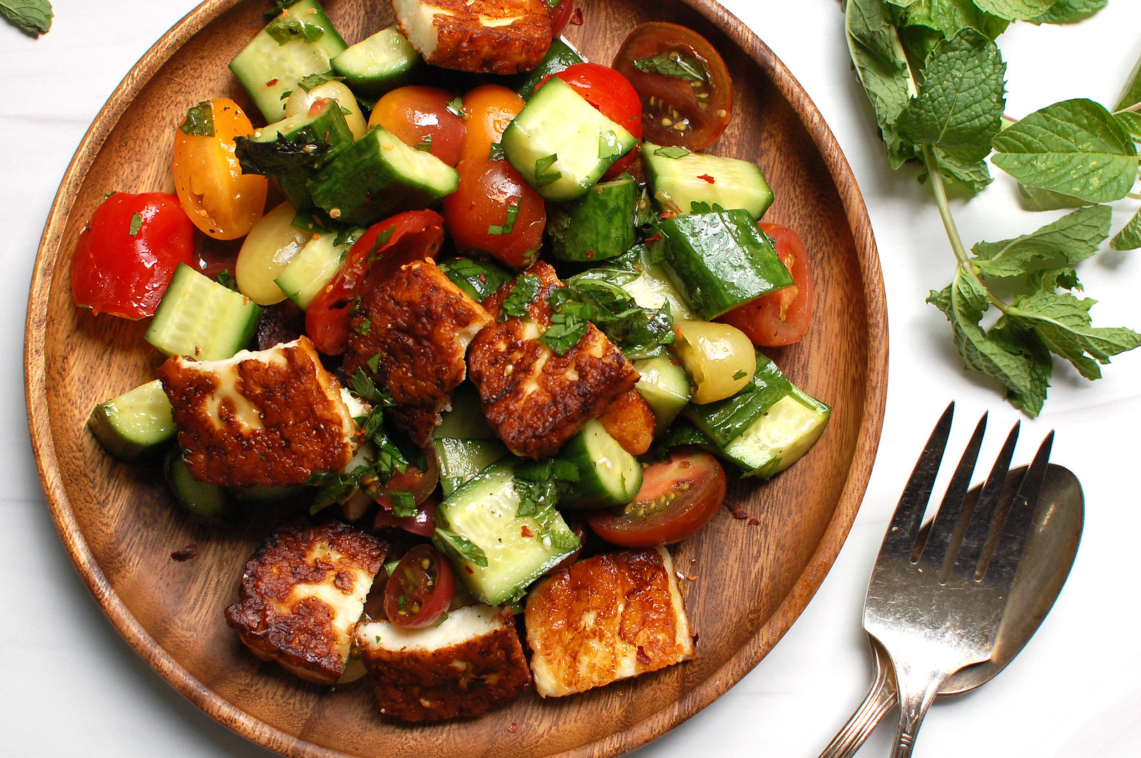 Pan-Seared Greek Halloumi Salad with Cherry Tomatoes and Cucumber