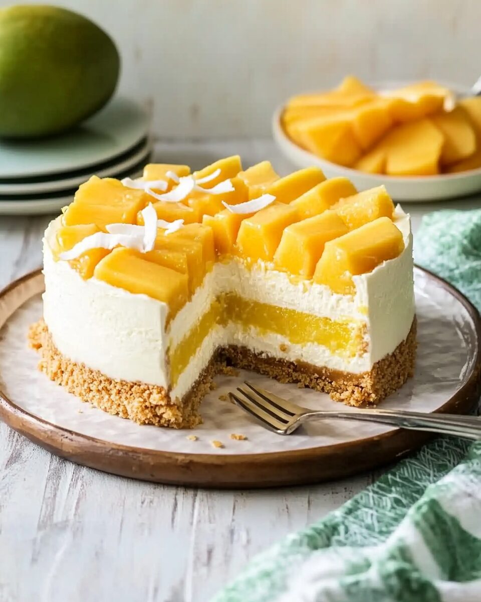 No-Bake Mango Coconut Cheesecake with Toasted Almond Crust