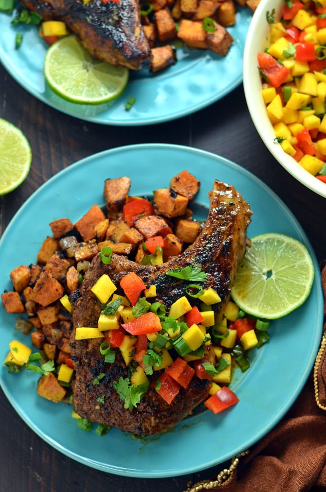 Caribbean Jerk-Spiced Grilled Pork Chops with Mango Salsa
