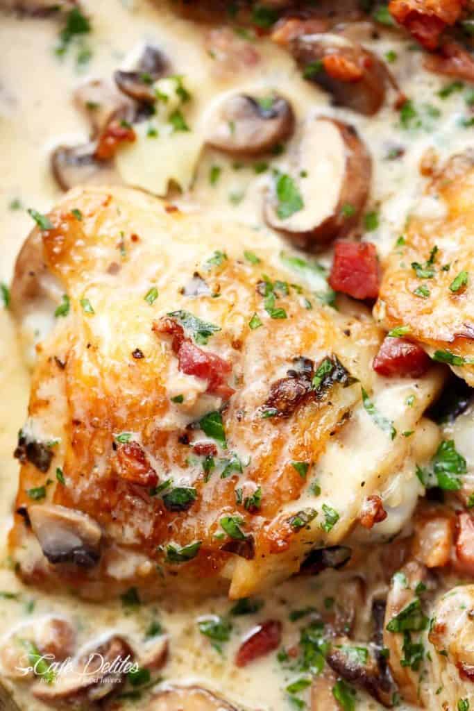 Crispy Bacon-Baked Chicken Thighs with Avocado Cream