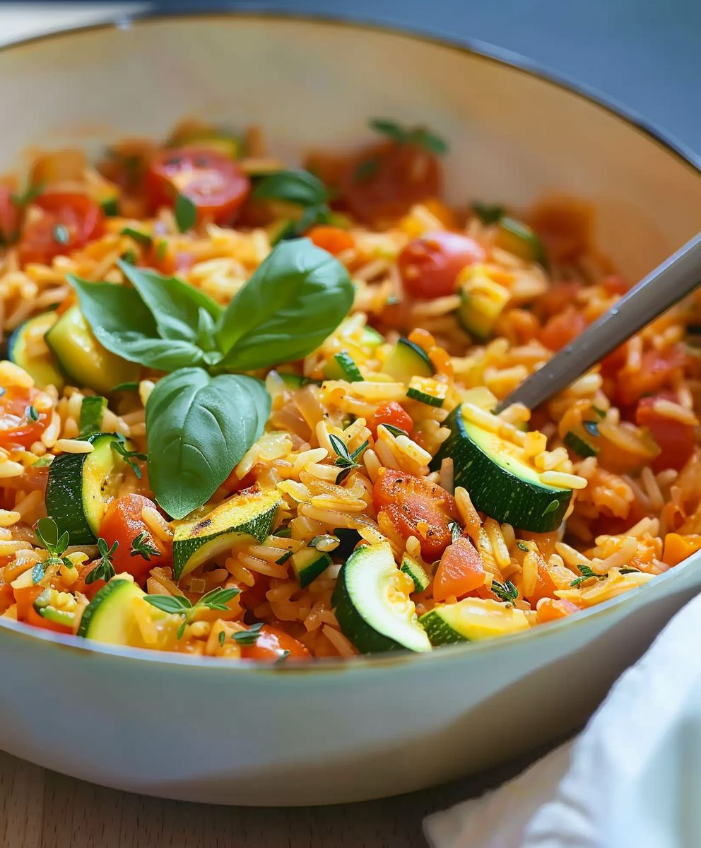 Sautéed Zucchini and Tomato Rice Bowl with Garlic and Basil