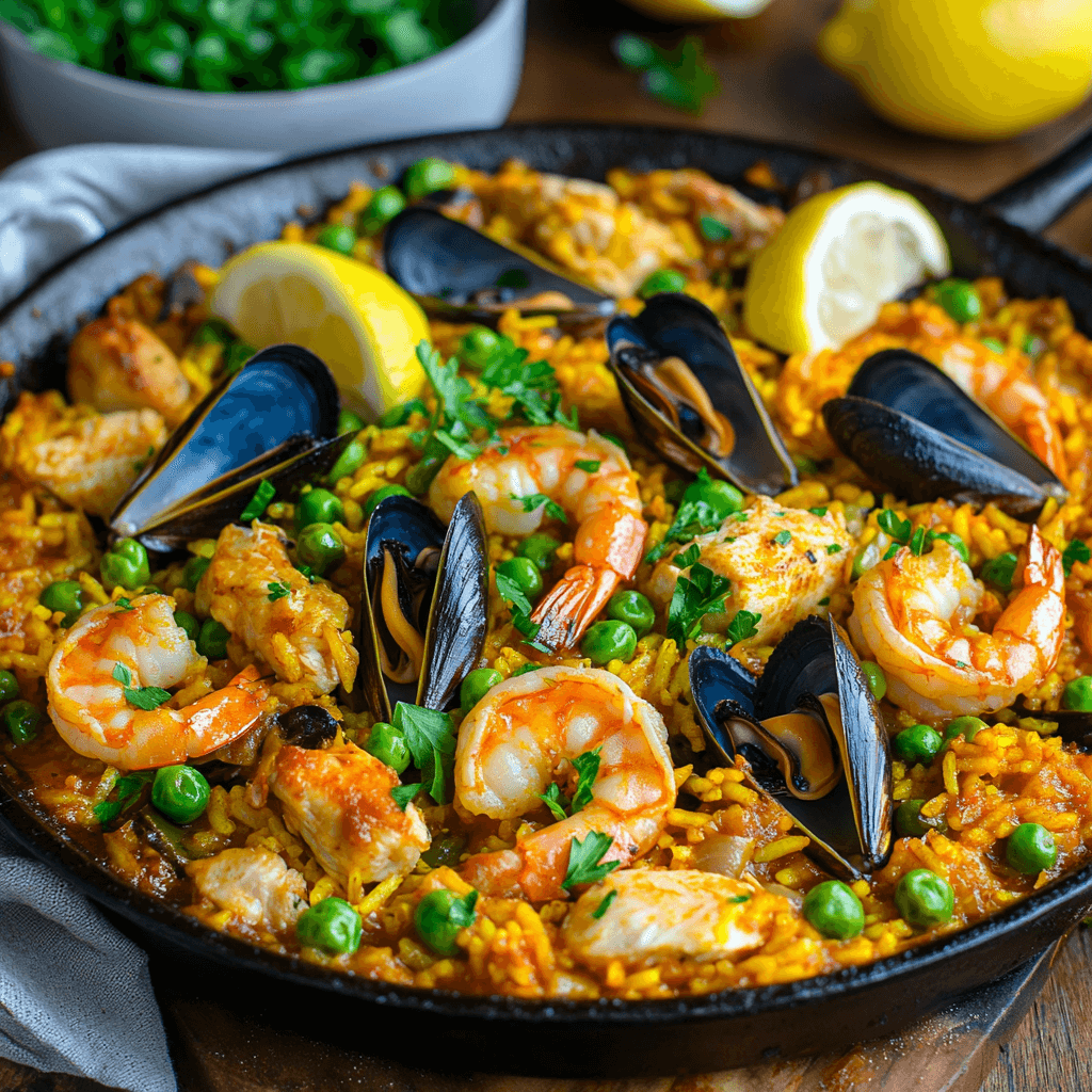 Saffron-Infused Seafood Paella with Bell Peppers and Peas