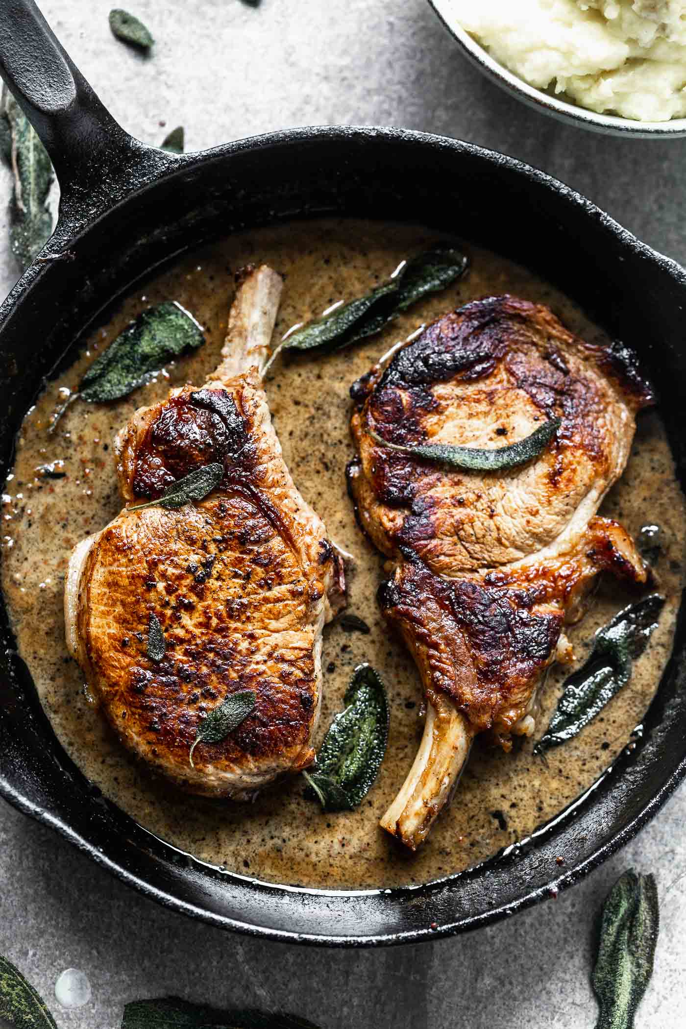 Pan-Seared Pork Chops with Apple-Cider Pan Sauce and Sage