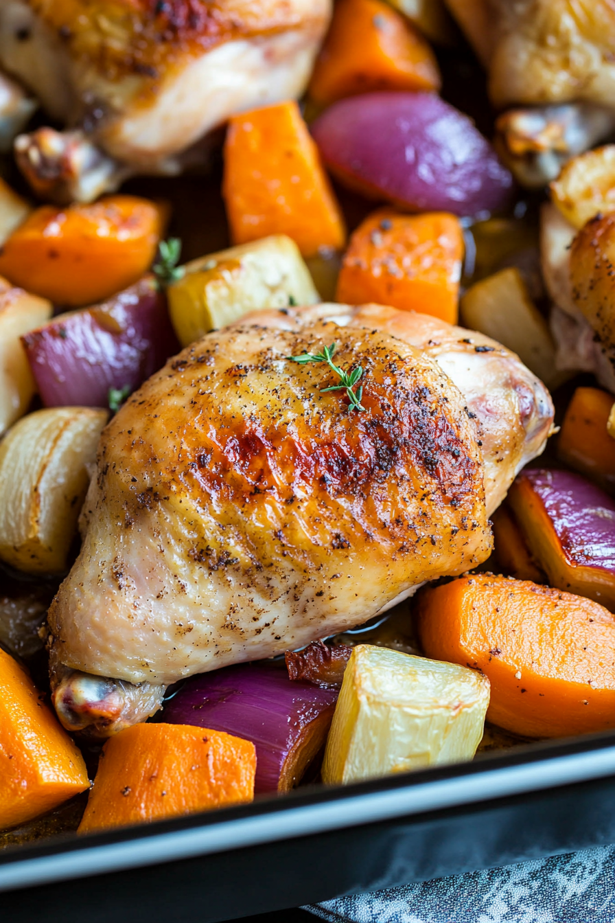One-Pan Roasted Chicken with Root Vegetables and Garlic-Thyme Jus
