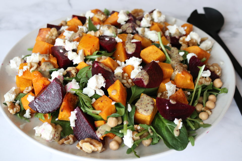 Baked Pumpkin and Beetroot Salad with Goats Cheese and Macadamias