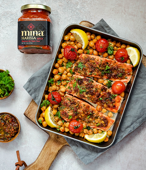 Sheet Pan Harissa-Spiced Salmon with Roasted Chickpeas and Zucchini