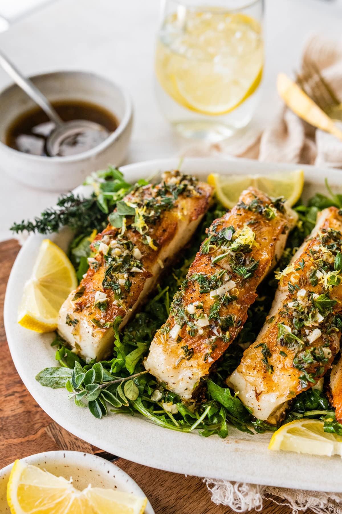 Pan-Seared Sea Bass with Olive Tapenade and Lemon Butter