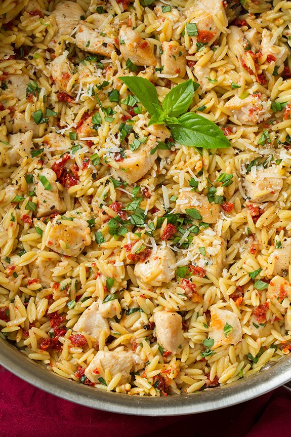 One-Pot Tomato Basil Chicken with Garlic Parmesan Orzo