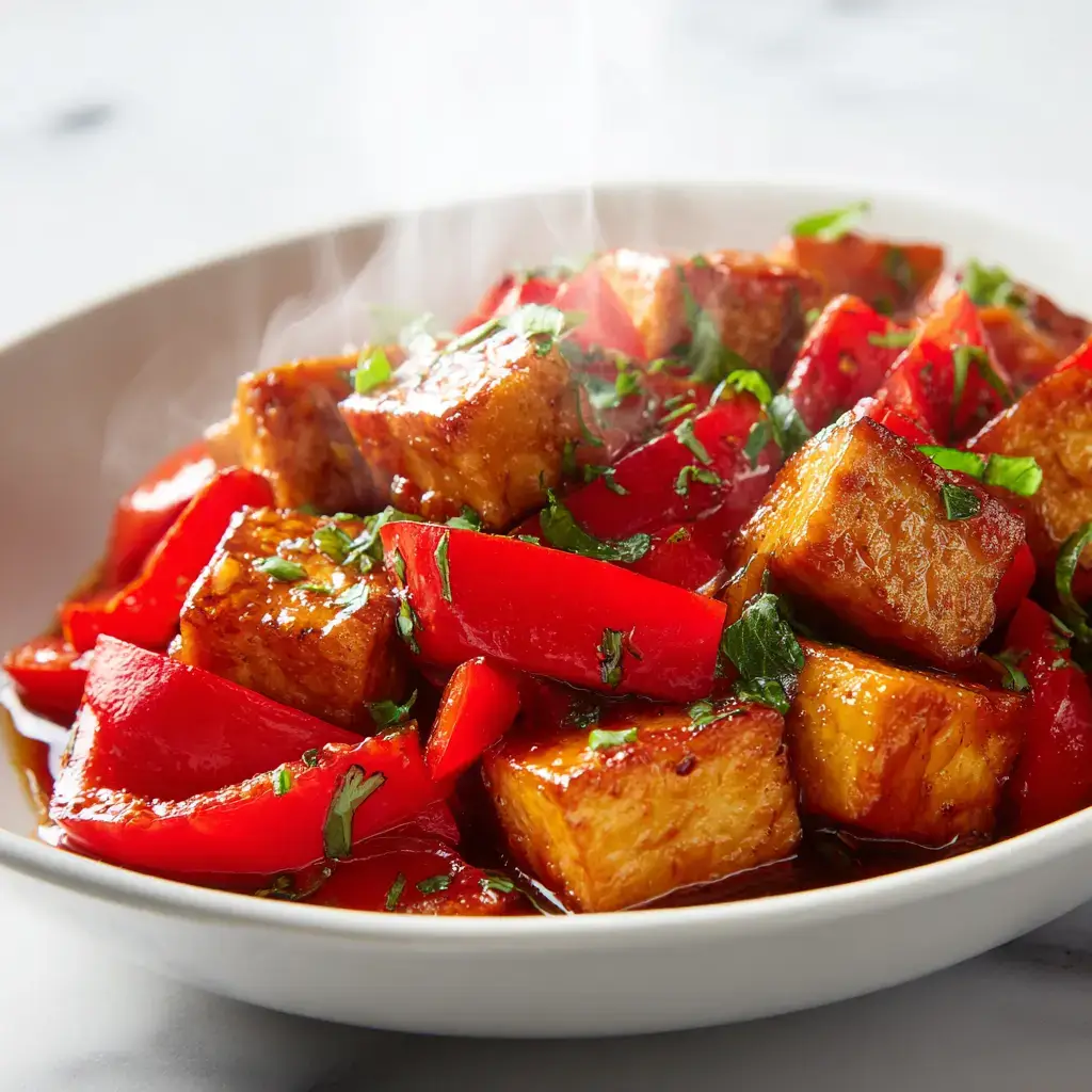 Stir-Fried Spicy Tofu with Bell Pepper and Snow Peas