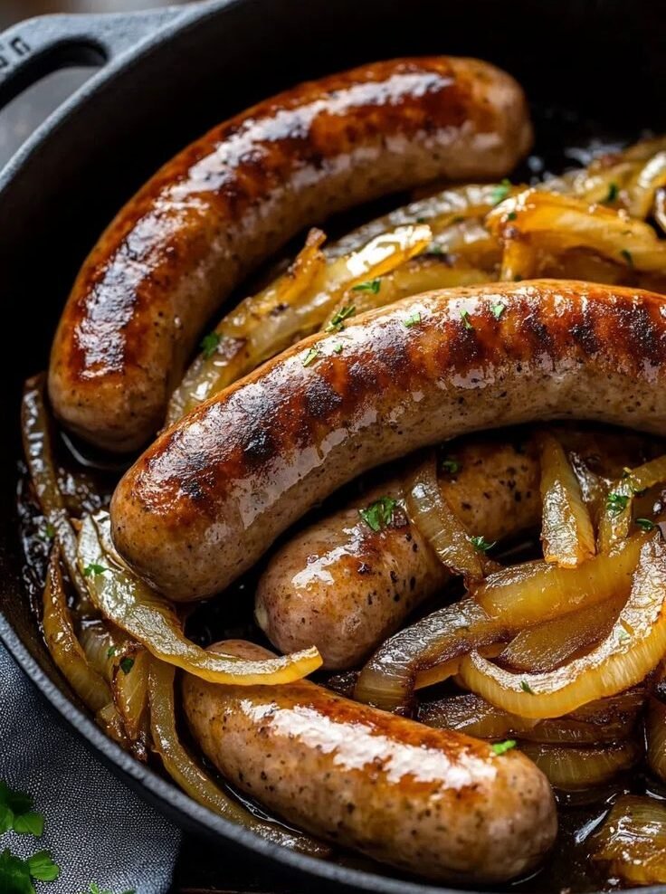 Craft Beer-Braised Bratwurst with Caramelized Onions