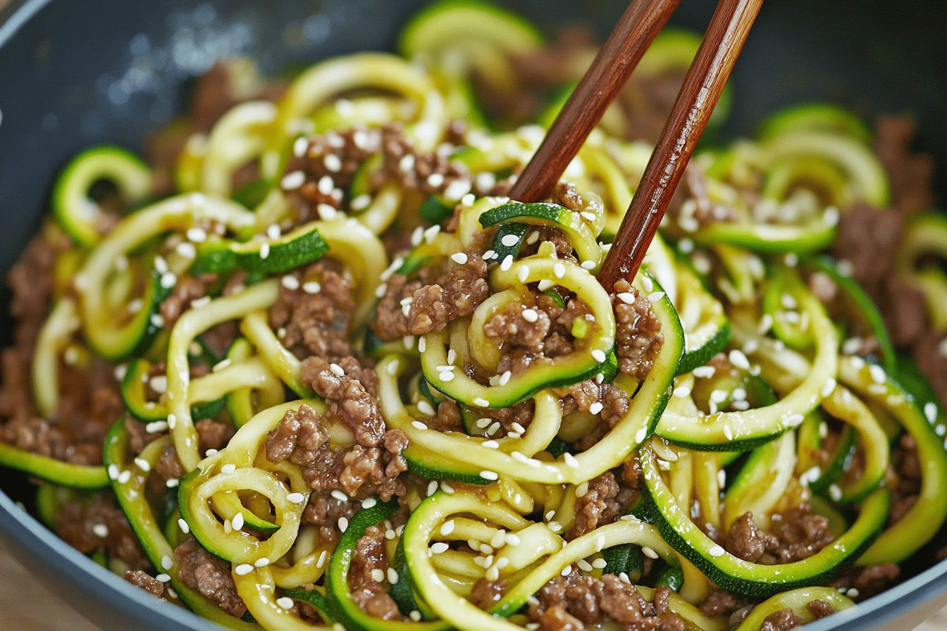 Sautéed Beef and Zucchini Noodles with Basil and Cherry Tomatoes