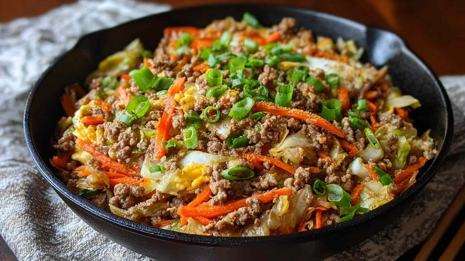 Stir-Fried Keto Eggroll Bowl with Ground Pork and Cabbage