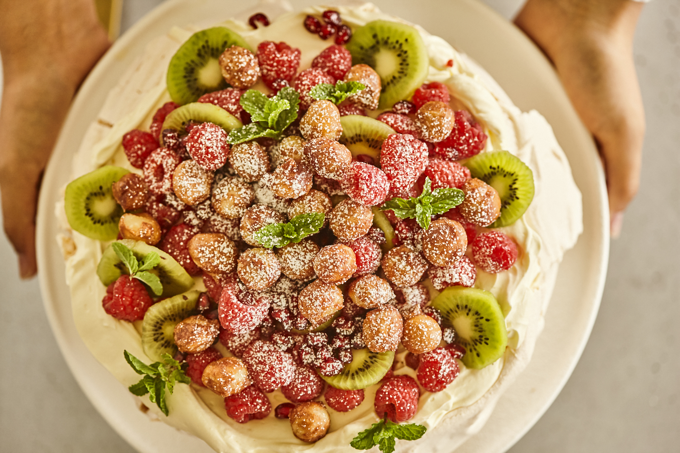 Quandong and Macadamia Pavlova with Finger Lime Cream
