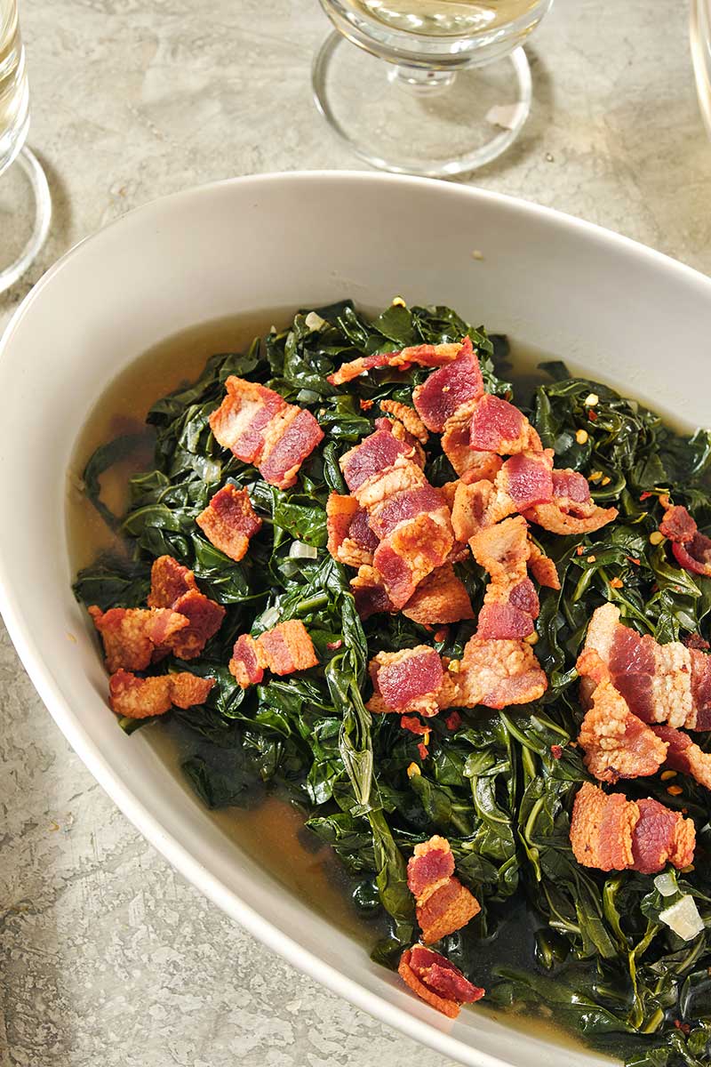 Creamed Collard Greens with Smoked Bacon and Garlic