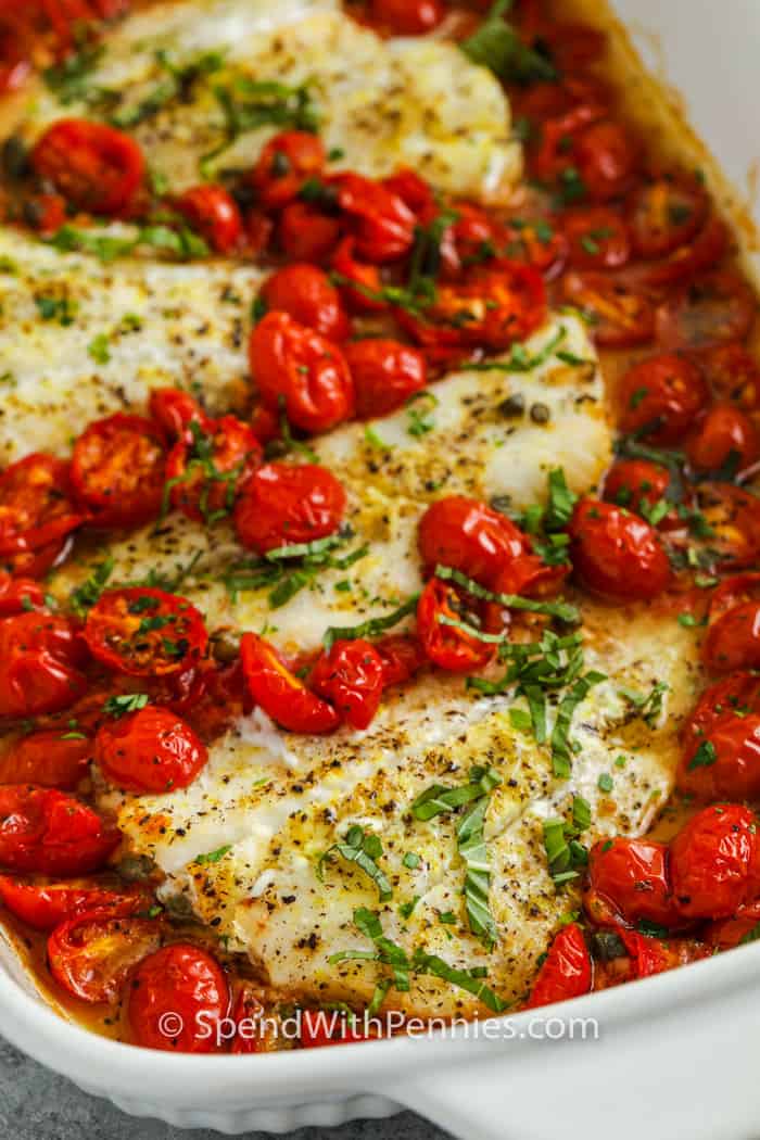 Baked Cod with Tomato-Caper Relish and Roasted Asparagus