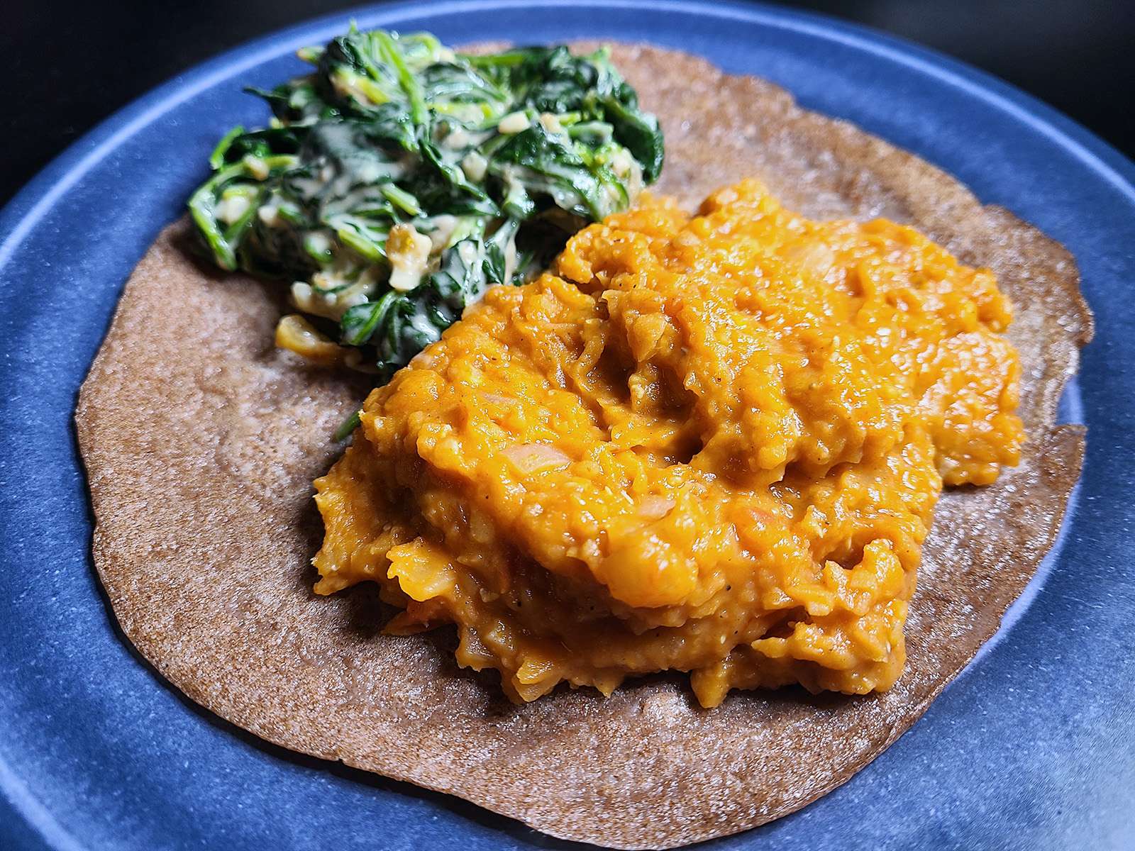 Injera-Inspired Teff Flatbread with Spiced Lentil Sauce