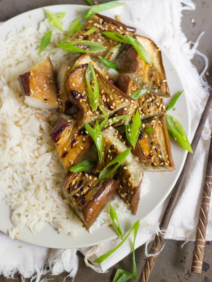 Miso-Glazed Eggplant Rice Bowl with Sesame and Scallions