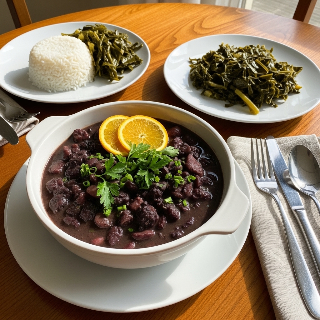 Brazilian-Style Black Bean Stew with Smoked Sausage and Collard Greens