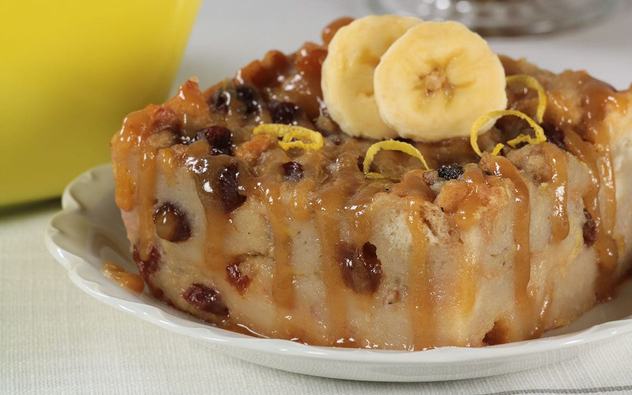Oven-Roasted Banana Bread Pudding with Caramel Sauce