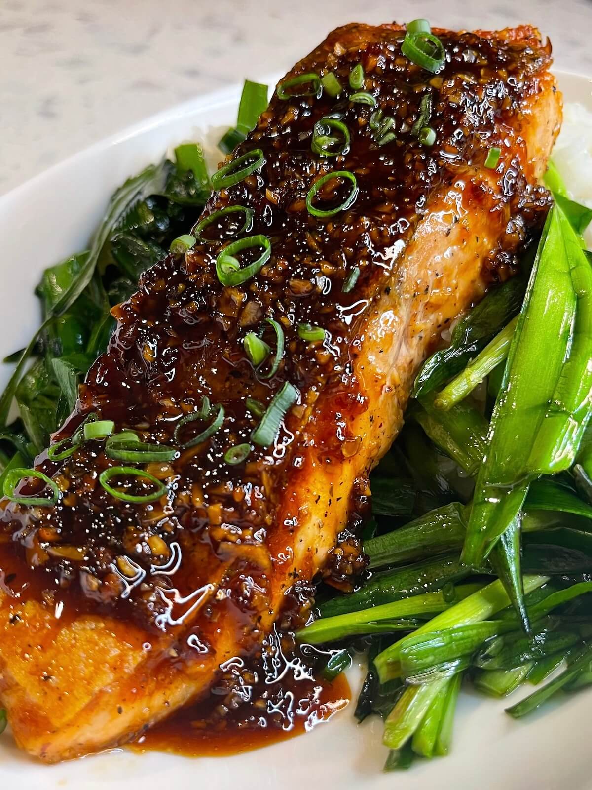 Pan-Seared Salmon with Honey-Soy Glaze and Sesame Greens